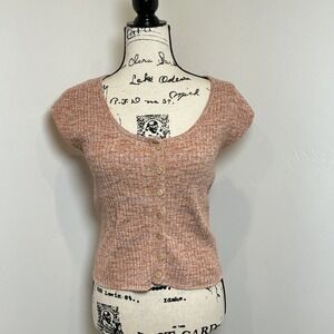 Madewell Ribbed Knit Button Front Short Sleeve Top Blouse Peach Melange Size M